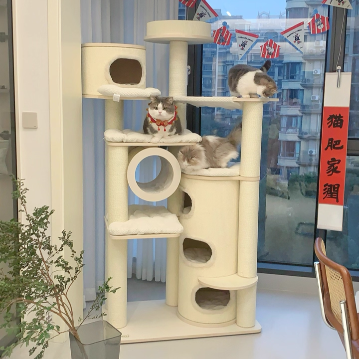 Contemporary Scandinavian Round Plywood Fiberboard Paper Rope Paper Tube Corduroy Cat Tree 7-Tier For Living Room Cuvalon