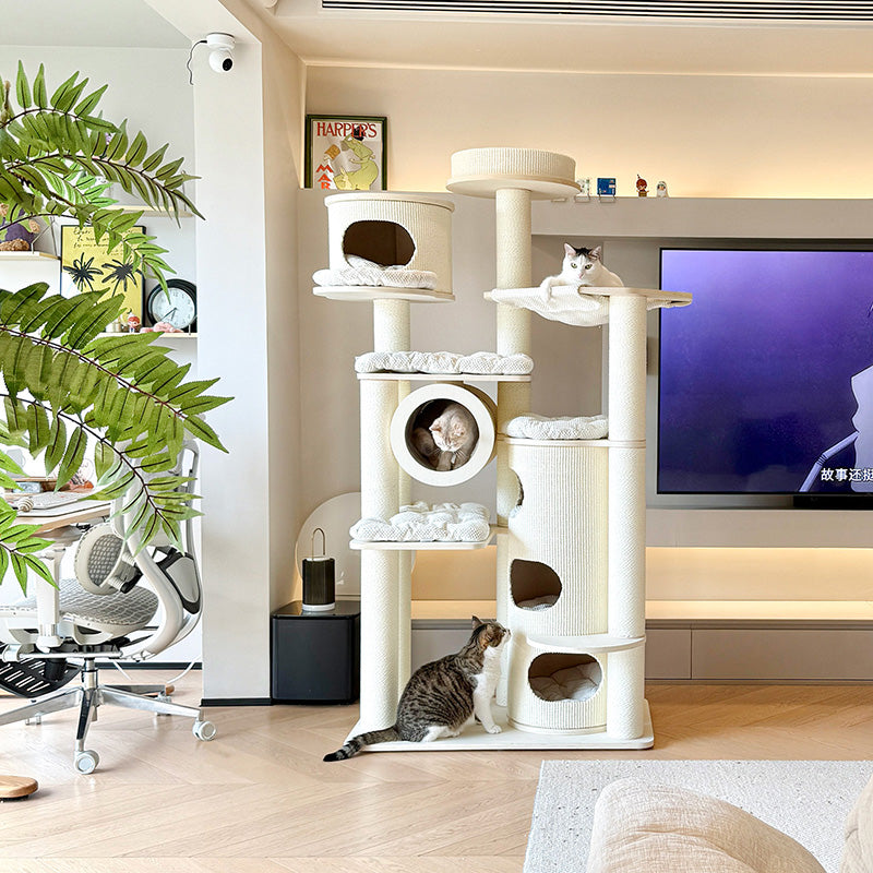 Contemporary Scandinavian Round Plywood Fiberboard Paper Rope Paper Tube Corduroy Cat Tree 7-Tier For Living Room Cuvalon