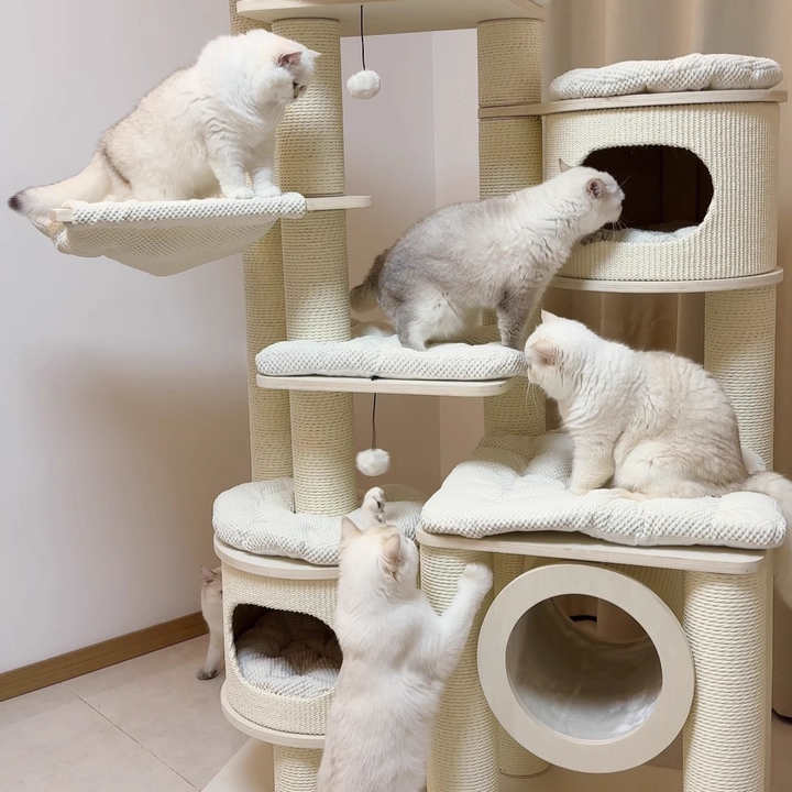 Contemporary Scandinavian Round Plywood Fiberboard Paper Rope Paper Tube Corduroy Cat Tree 7-Tier For Living Room Cuvalon