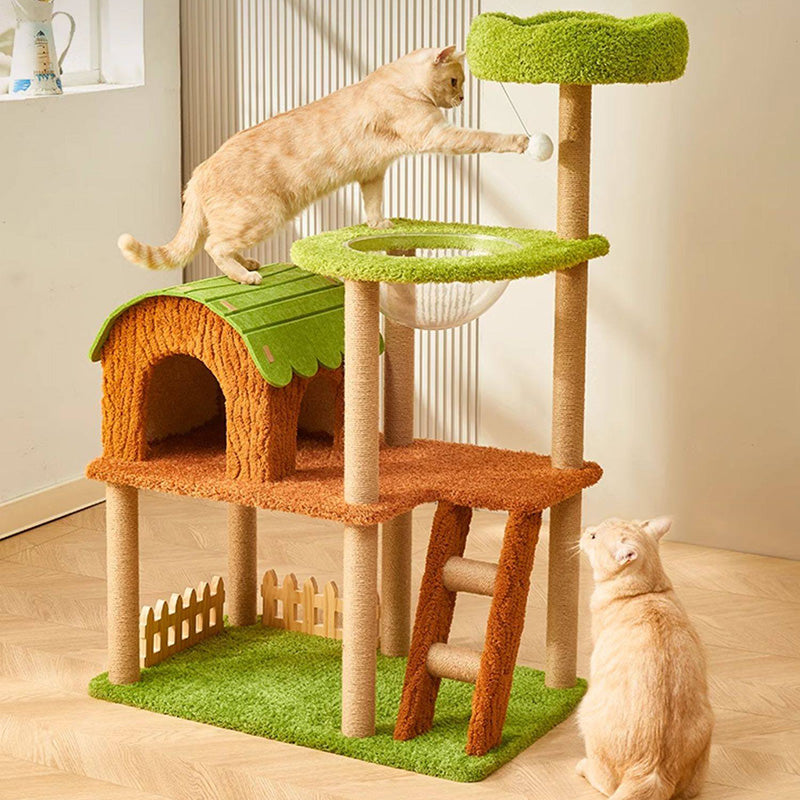 Contemporary Creative Rectangular Medium-Density Fiberboard Velvet Felt Sisal Tree House Cat Tree 2/3/4-Tier For Living Room Cuvalon