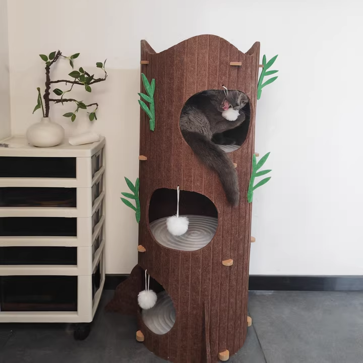 Contemporary Creative Round Medium-Density Fiberboard Felt Tree Stump Cat Tree 2/3-Tier For Living Room Cuvalon