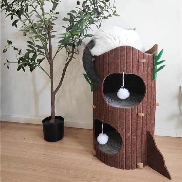 Contemporary Creative Round Medium-Density Fiberboard Felt Tree Stump Cat Tree 2/3-Tier For Living Room Cuvalon