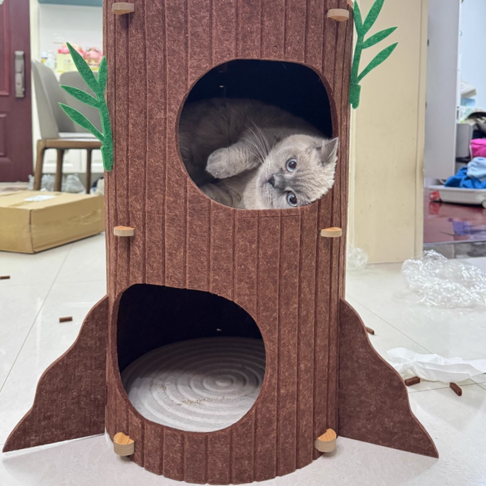 Contemporary Creative Round Medium-Density Fiberboard Felt Tree Stump Cat Tree 2/3-Tier For Living Room Cuvalon