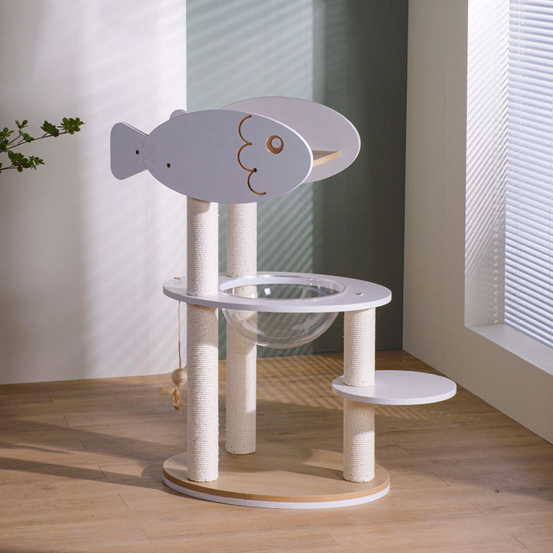 Contemporary Scandinavian Round Plywood PVC Acrylic Kraft Paper Rope Cat Tree 3-Tier For Living Room Cuvalon