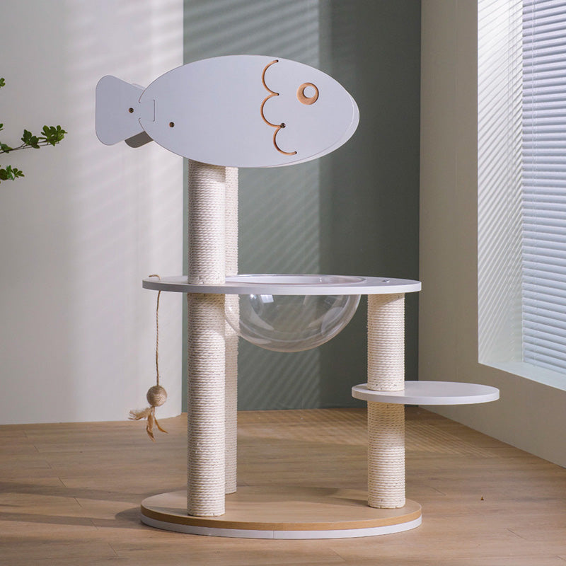 Contemporary Scandinavian Round Plywood PVC Acrylic Kraft Paper Rope Cat Tree 3-Tier For Living Room Cuvalon