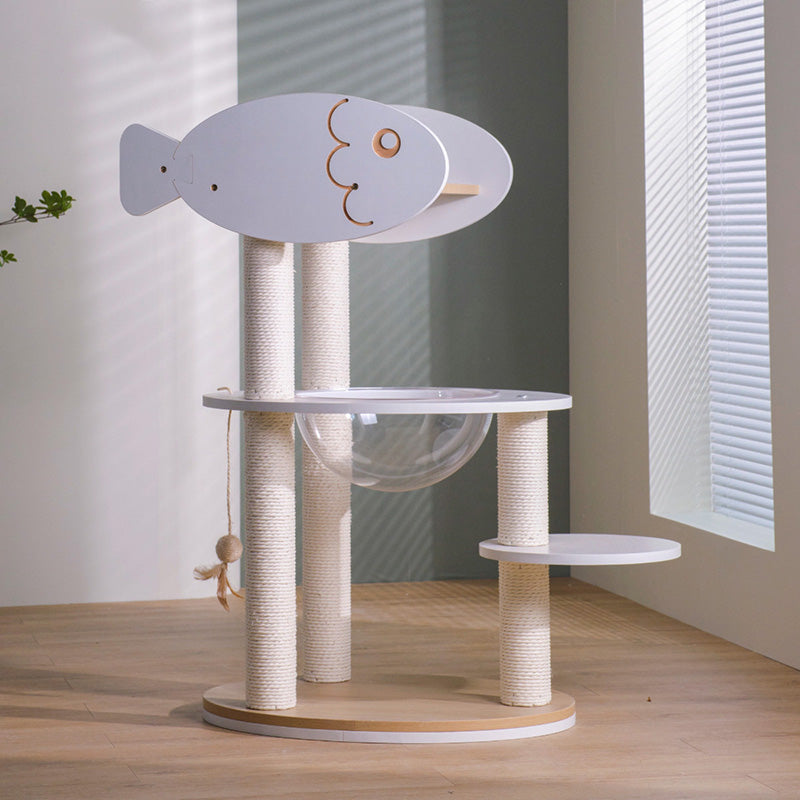 Contemporary Scandinavian Round Plywood PVC Acrylic Kraft Paper Rope Cat Tree 3-Tier For Living Room Cuvalon