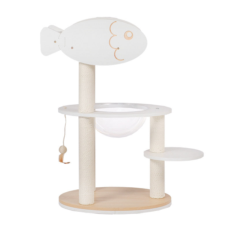 Contemporary Scandinavian Round Plywood PVC Acrylic Kraft Paper Rope Cat Tree 3-Tier For Living Room Cuvalon