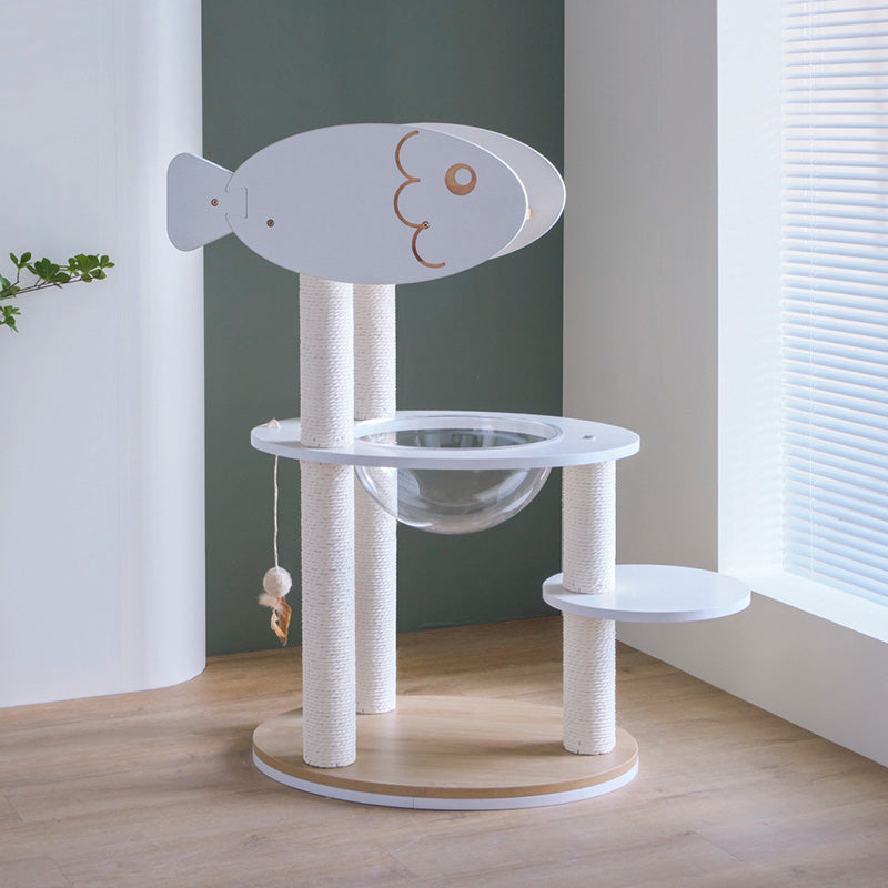 Contemporary Scandinavian Round Plywood PVC Acrylic Kraft Paper Rope Cat Tree 3-Tier For Living Room Cuvalon