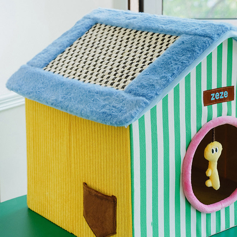 Contemporary Creative Square Medium-Density Fiberboard Velvet Linen Enclosed Foldable Cat Bed For Bedroom Cuvalon