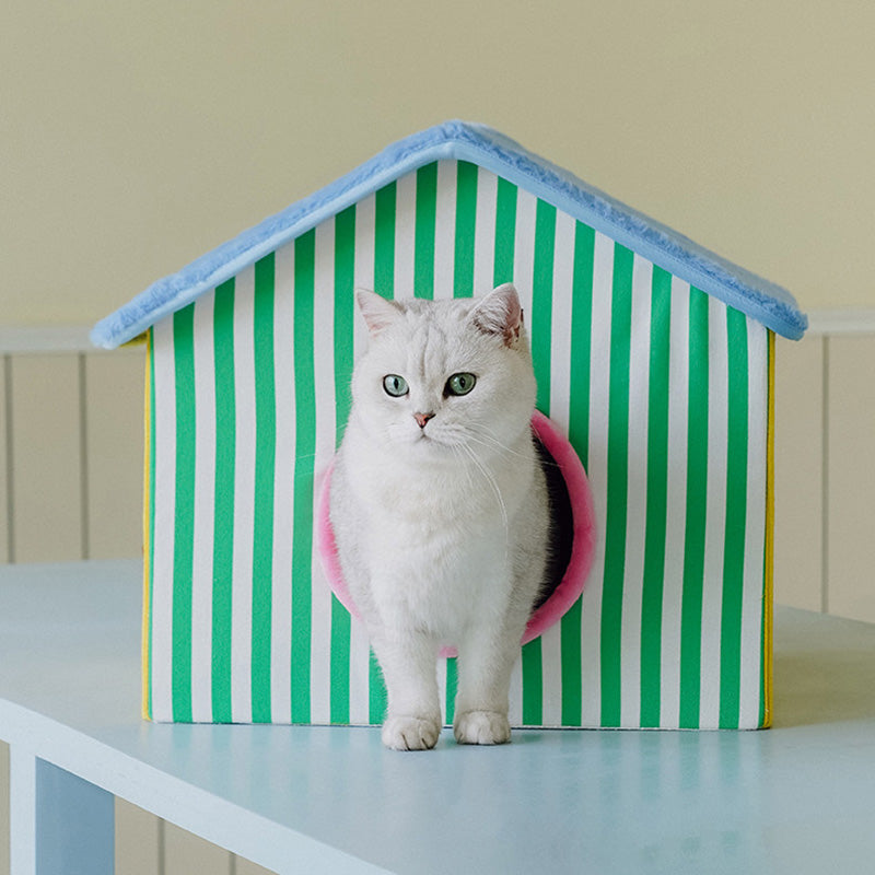 Contemporary Creative Square Medium-Density Fiberboard Velvet Linen Enclosed Foldable Cat Bed For Bedroom Cuvalon