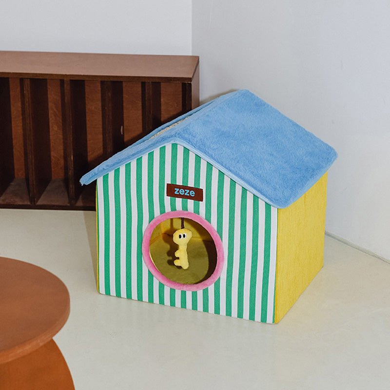 Contemporary Creative Square Medium-Density Fiberboard Velvet Linen Enclosed Foldable Cat Bed For Bedroom Cuvalon