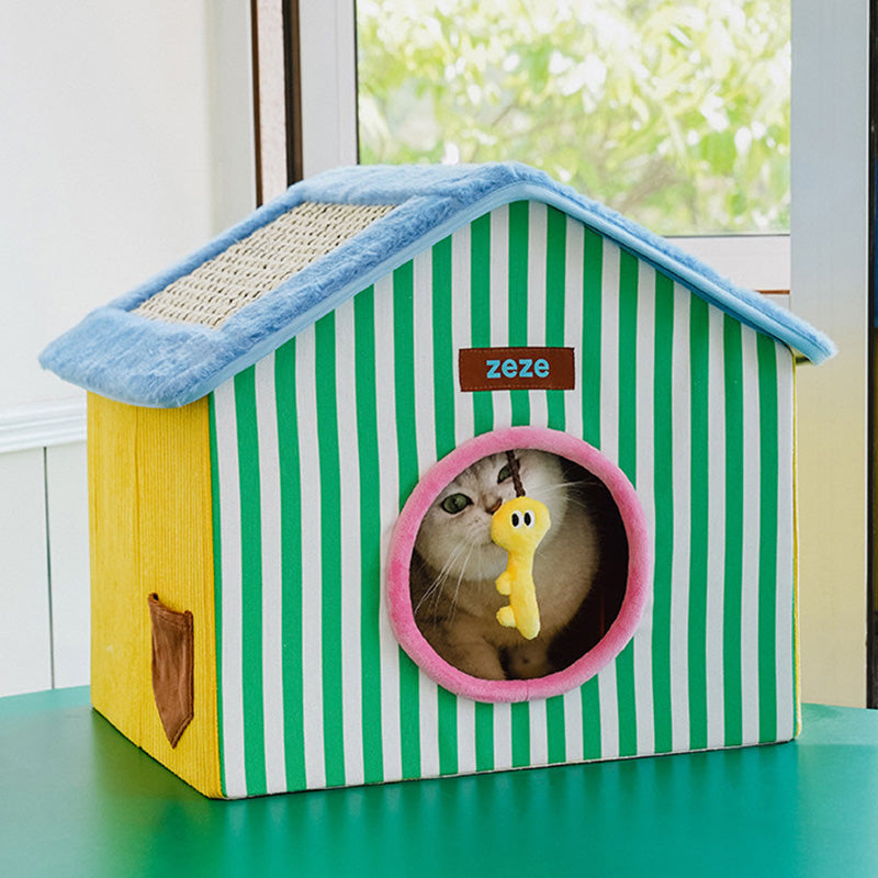 Contemporary Creative Square Medium-Density Fiberboard Velvet Linen Enclosed Foldable Cat Bed For Bedroom Cuvalon