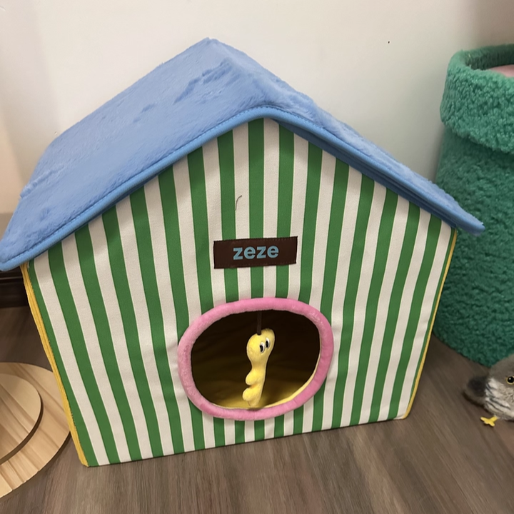 Contemporary Creative Square Medium-Density Fiberboard Velvet Linen Enclosed Foldable Cat Bed For Bedroom Cuvalon