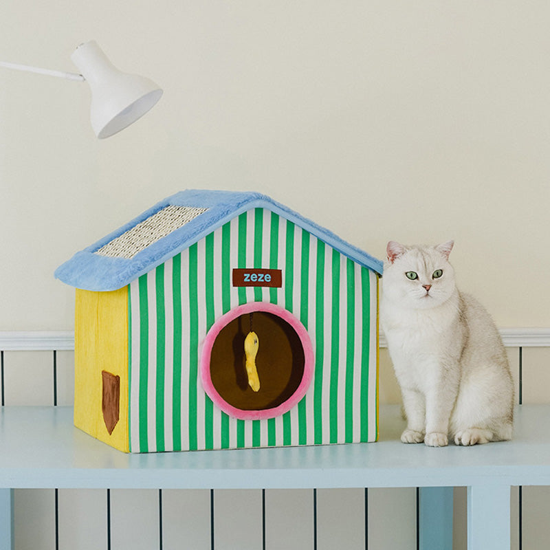 Contemporary Creative Square Medium-Density Fiberboard Velvet Linen Enclosed Foldable Cat Bed For Bedroom Cuvalon