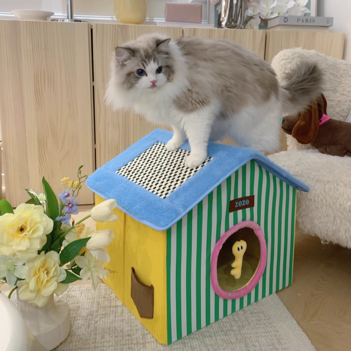 Contemporary Creative Square Medium-Density Fiberboard Velvet Linen Enclosed Foldable Cat Bed For Bedroom Cuvalon