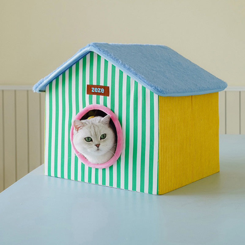 Contemporary Creative Square Medium-Density Fiberboard Velvet Linen Enclosed Foldable Cat Bed For Bedroom Cuvalon