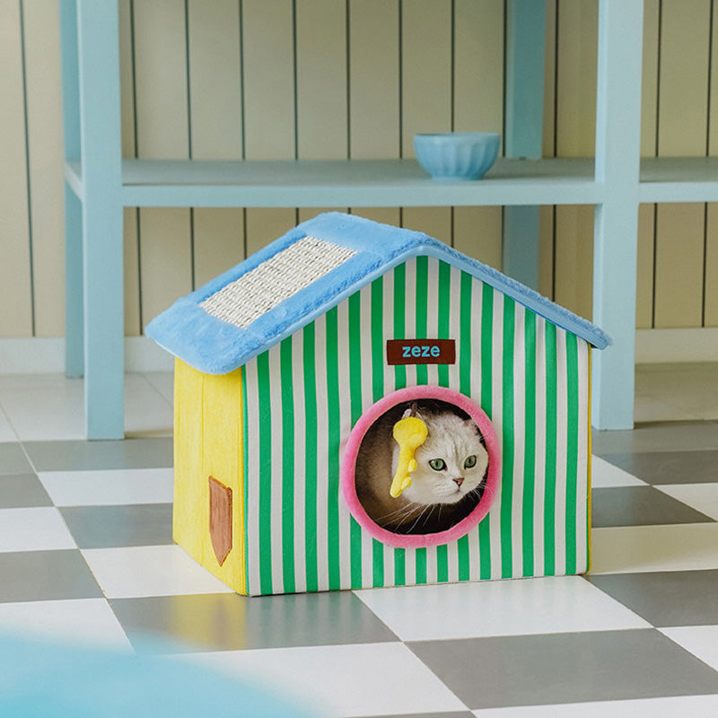 Contemporary Creative Square Medium-Density Fiberboard Velvet Linen Enclosed Foldable Cat Bed For Bedroom Cuvalon