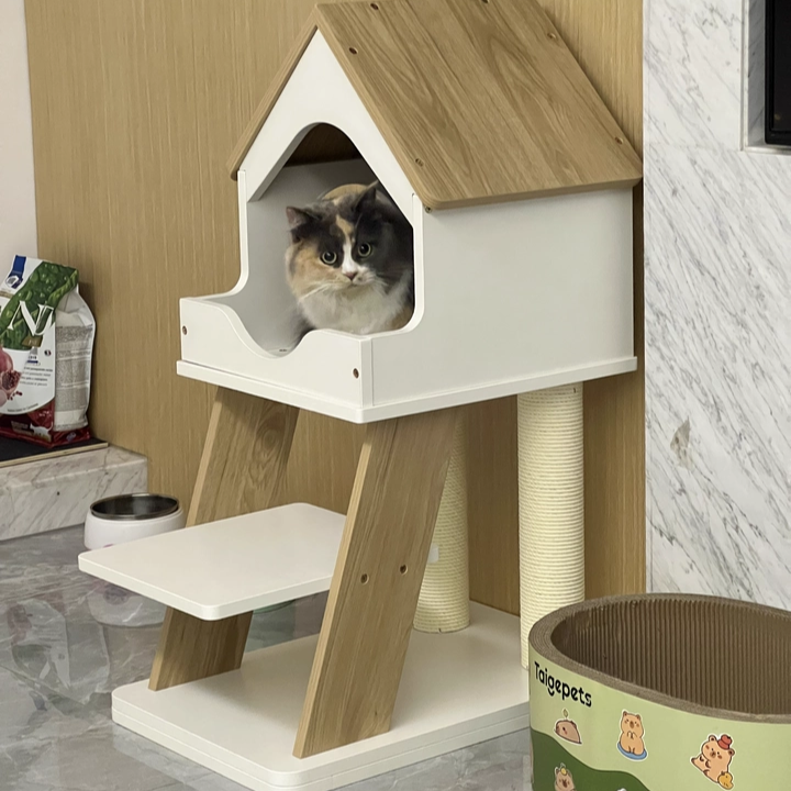Contemporary Scandinavian Rectangular Plywood PVC Kraft Paper Rope Acrylic Cat Tree For Living Room Cuvalon