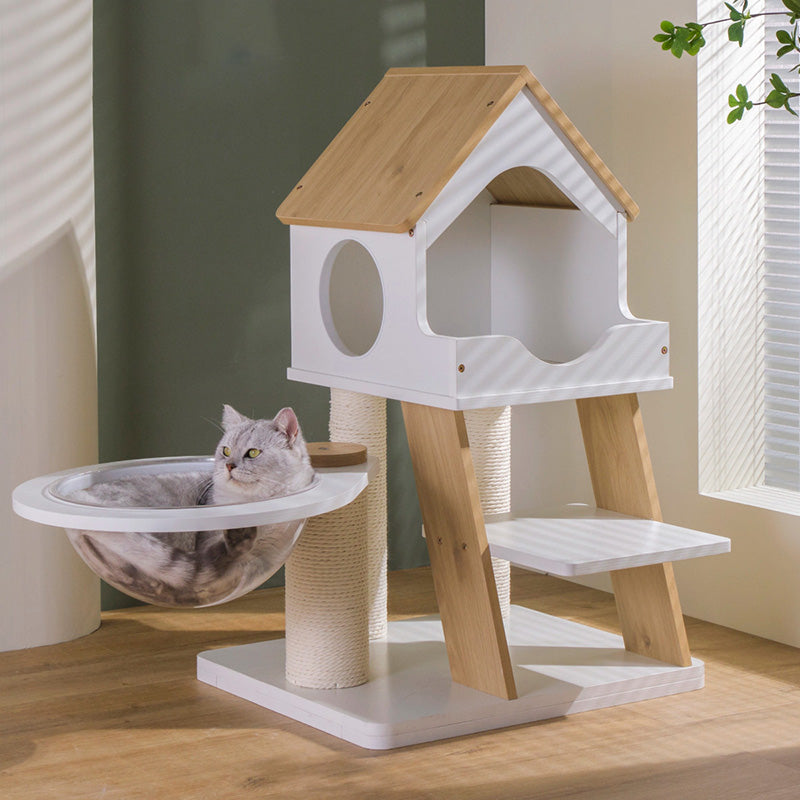 Contemporary Scandinavian Rectangular Plywood PVC Kraft Paper Rope Acrylic Cat Tree For Living Room Cuvalon