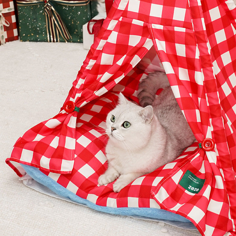 Contemporary Creative Triangle Velvet Linen Polyester Christmas Tent Cat Bed For Bedroom Cuvalon