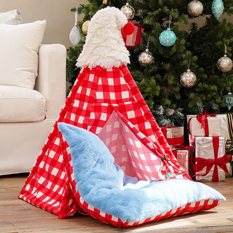 Contemporary Creative Triangle Velvet Linen Polyester Christmas Tent Cat Bed For Bedroom Cuvalon