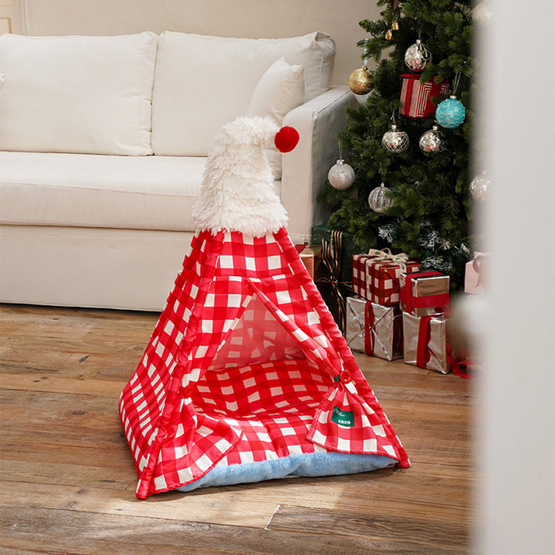 Contemporary Creative Triangle Velvet Linen Polyester Christmas Tent Cat Bed For Bedroom Cuvalon