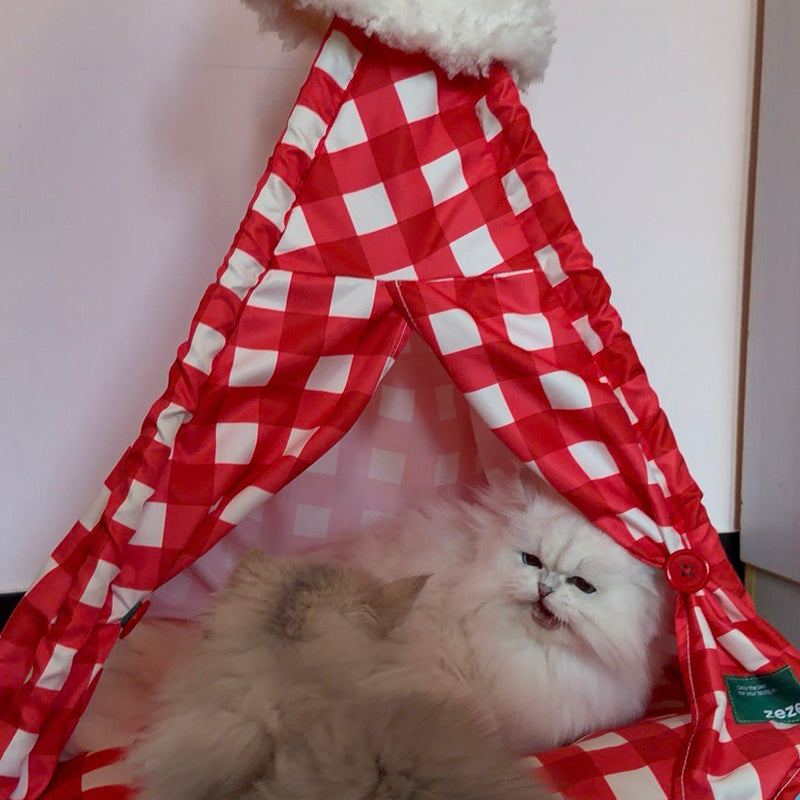 Contemporary Creative Triangle Velvet Linen Polyester Christmas Tent Cat Bed For Bedroom Cuvalon