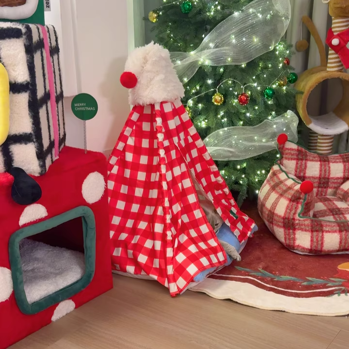 Contemporary Creative Triangle Velvet Linen Polyester Christmas Tent Cat Bed For Bedroom Cuvalon
