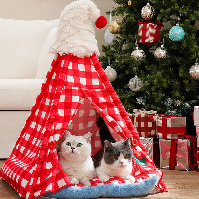 Contemporary Creative Triangle Velvet Linen Polyester Christmas Tent Cat Bed For Bedroom Cuvalon