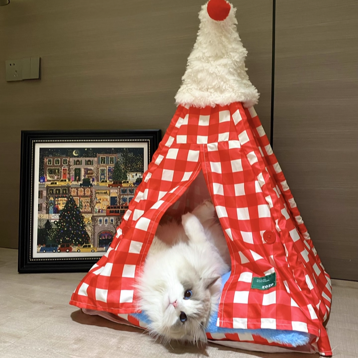 Contemporary Creative Triangle Velvet Linen Polyester Christmas Tent Cat Bed For Bedroom Cuvalon