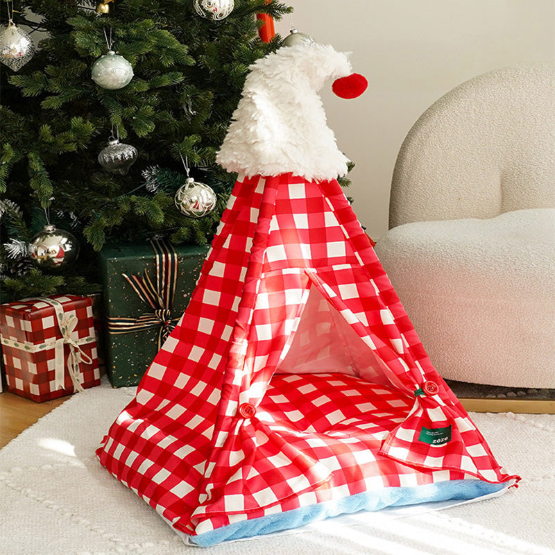 Contemporary Creative Triangle Velvet Linen Polyester Christmas Tent Cat Bed For Bedroom Cuvalon