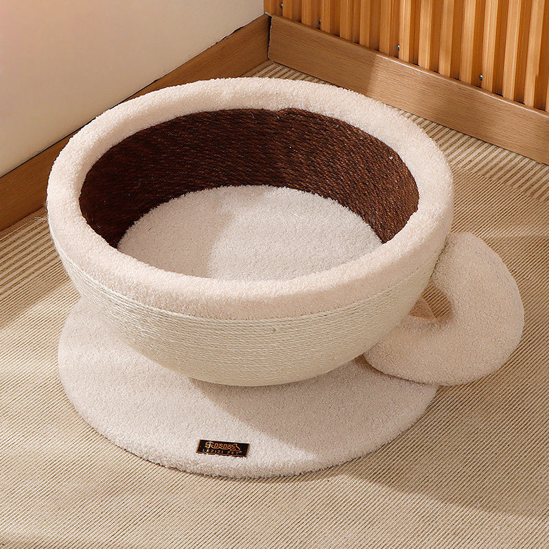 Contemporary Creative Round Medium-Density Fiberboard Velvet Fabric Sisal Coffee Cup Cat Bed For Bedroom Cuvalon