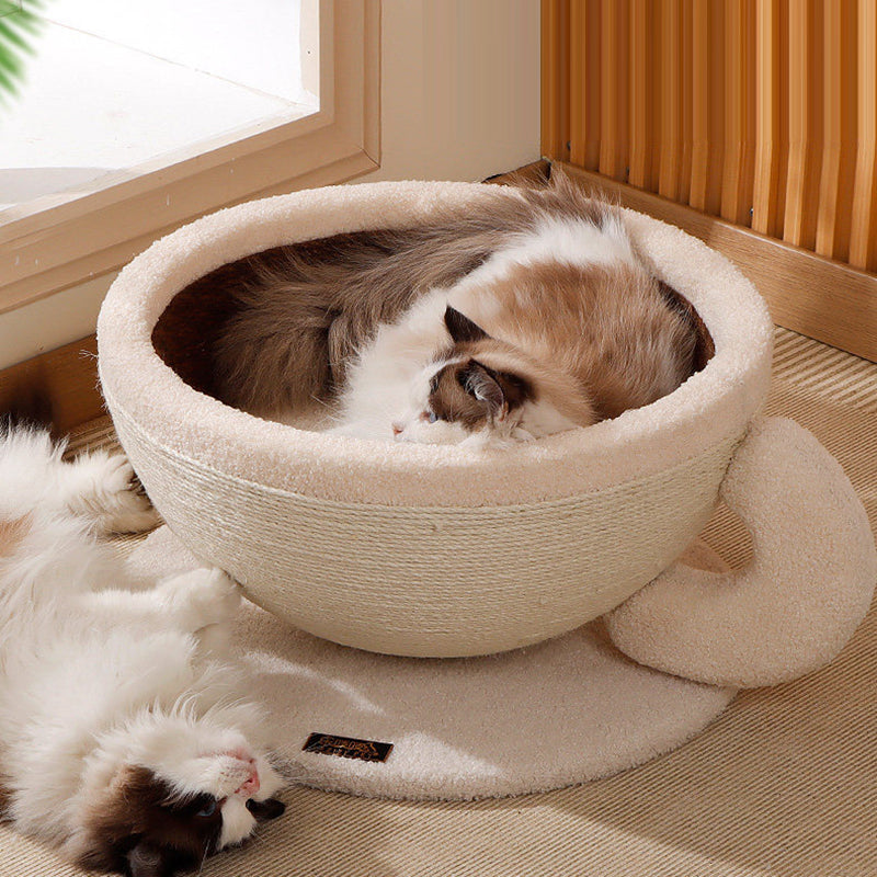 Contemporary Creative Round Medium-Density Fiberboard Velvet Fabric Sisal Coffee Cup Cat Bed For Bedroom Cuvalon