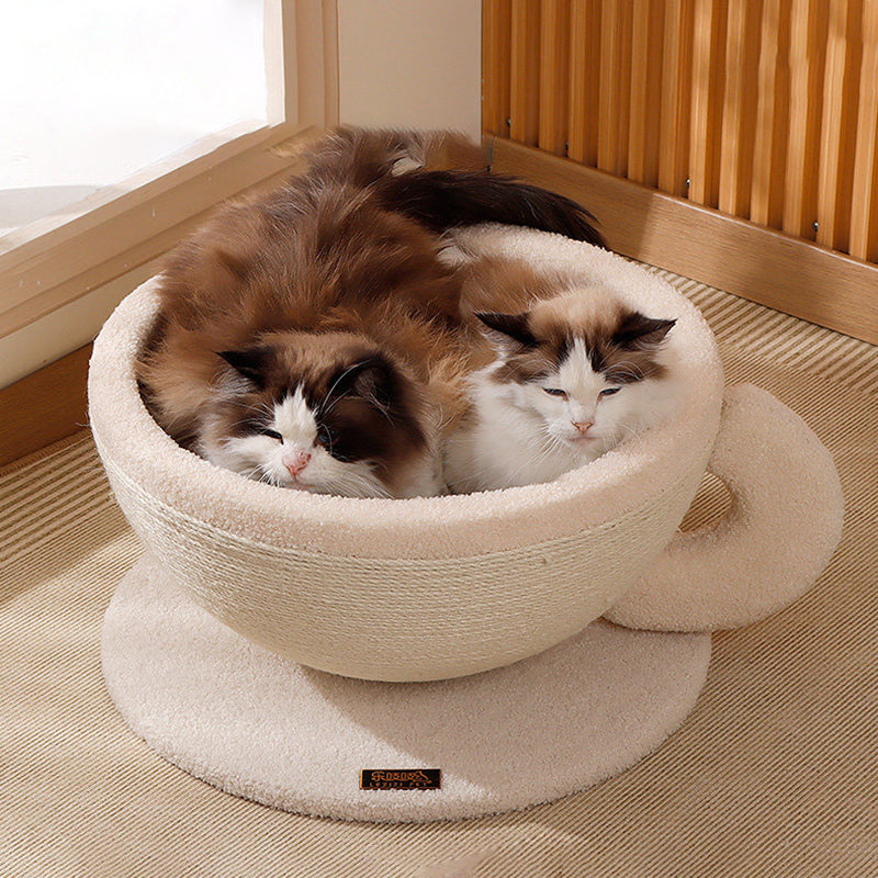 Contemporary Creative Round Medium-Density Fiberboard Velvet Fabric Sisal Coffee Cup Cat Bed For Bedroom Cuvalon