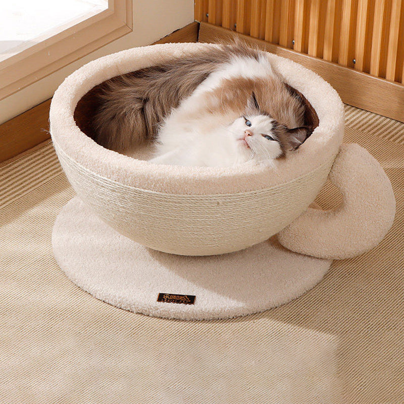 Contemporary Creative Round Medium-Density Fiberboard Velvet Fabric Sisal Coffee Cup Cat Bed For Bedroom Cuvalon
