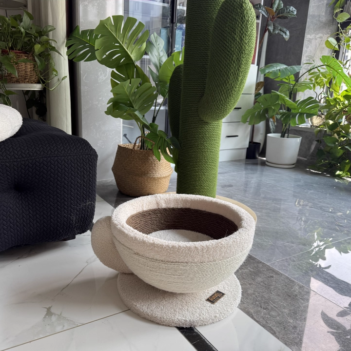 Contemporary Creative Round Medium-Density Fiberboard Velvet Fabric Sisal Coffee Cup Cat Bed For Bedroom Cuvalon