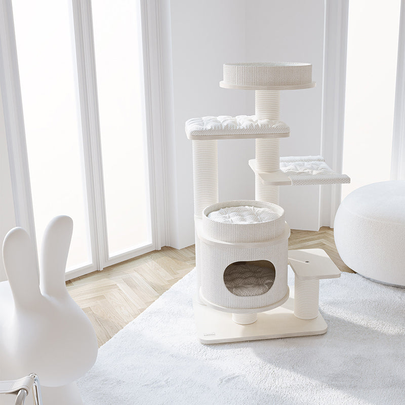 Contemporary Scandinavian Rectangular Plywood Fiberboard Paper Rope Paper Tube Corduroy Cat Tree 5-Tier For Bedroom Cuvalon