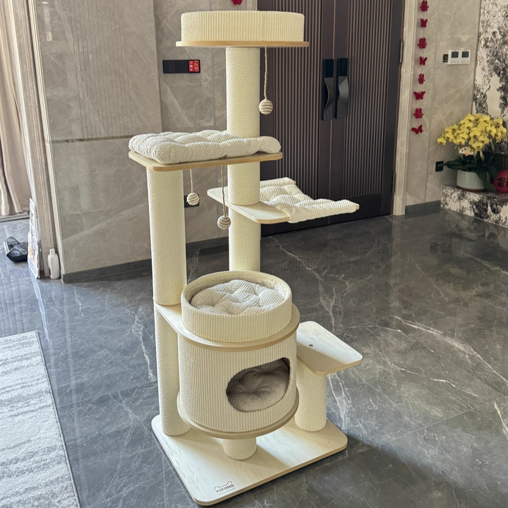 Contemporary Scandinavian Rectangular Plywood Fiberboard Paper Rope Paper Tube Corduroy Cat Tree 5-Tier For Bedroom Cuvalon