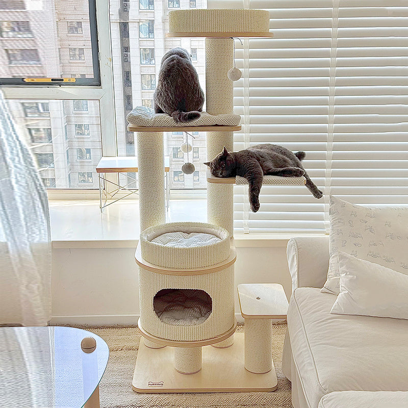 Contemporary Scandinavian Rectangular Plywood Fiberboard Paper Rope Paper Tube Corduroy Cat Tree 5-Tier For Bedroom Cuvalon
