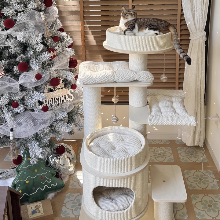 Contemporary Scandinavian Rectangular Plywood Fiberboard Paper Rope Paper Tube Corduroy Cat Tree 5-Tier For Bedroom Cuvalon