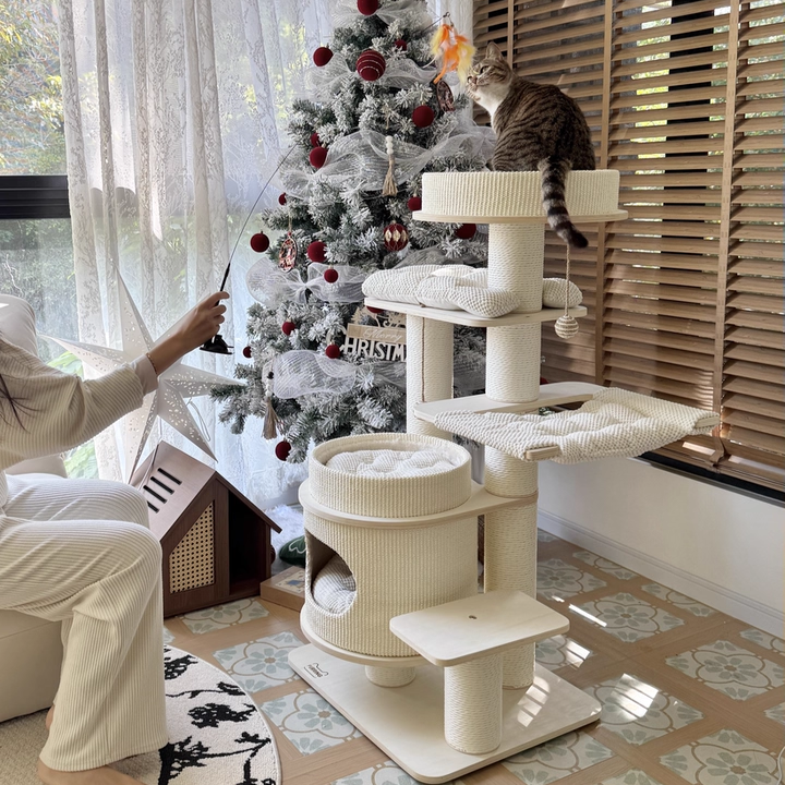 Contemporary Scandinavian Rectangular Plywood Fiberboard Paper Rope Paper Tube Corduroy Cat Tree 5-Tier For Bedroom Cuvalon