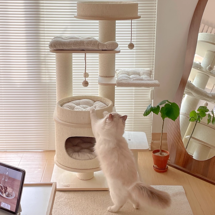 Contemporary Scandinavian Rectangular Plywood Fiberboard Paper Rope Paper Tube Corduroy Cat Tree 5-Tier For Bedroom Cuvalon