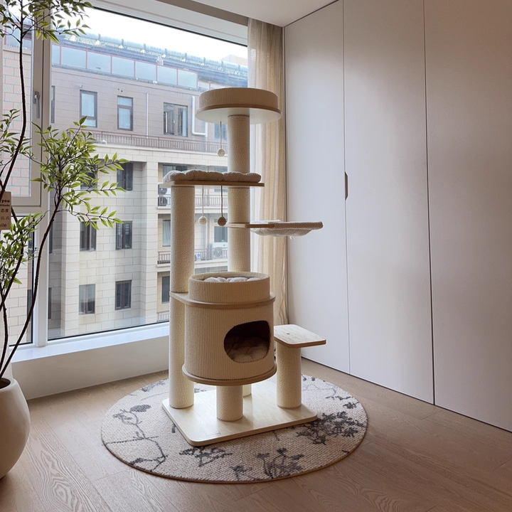 Contemporary Scandinavian Rectangular Plywood Fiberboard Paper Rope Paper Tube Corduroy Cat Tree 5-Tier For Bedroom Cuvalon