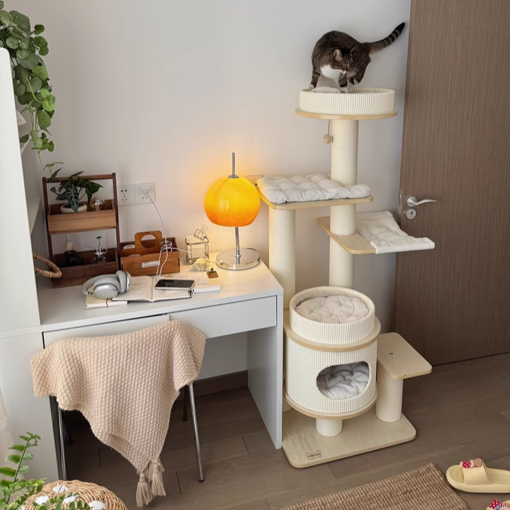 Contemporary Scandinavian Rectangular Plywood Fiberboard Paper Rope Paper Tube Corduroy Cat Tree 5-Tier For Bedroom Cuvalon