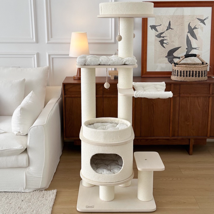 Contemporary Scandinavian Rectangular Plywood Fiberboard Paper Rope Paper Tube Corduroy Cat Tree 5-Tier For Bedroom Cuvalon
