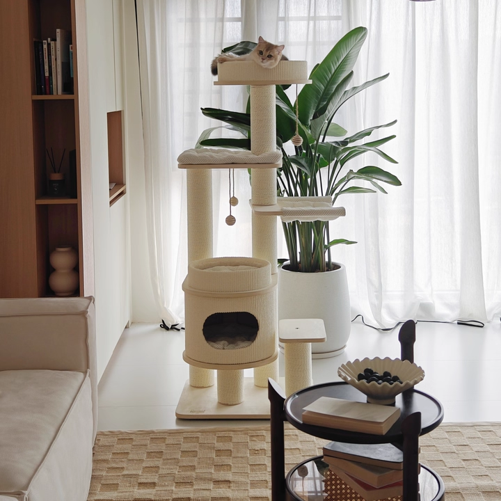 Contemporary Scandinavian Rectangular Plywood Fiberboard Paper Rope Paper Tube Corduroy Cat Tree 5-Tier For Bedroom Cuvalon