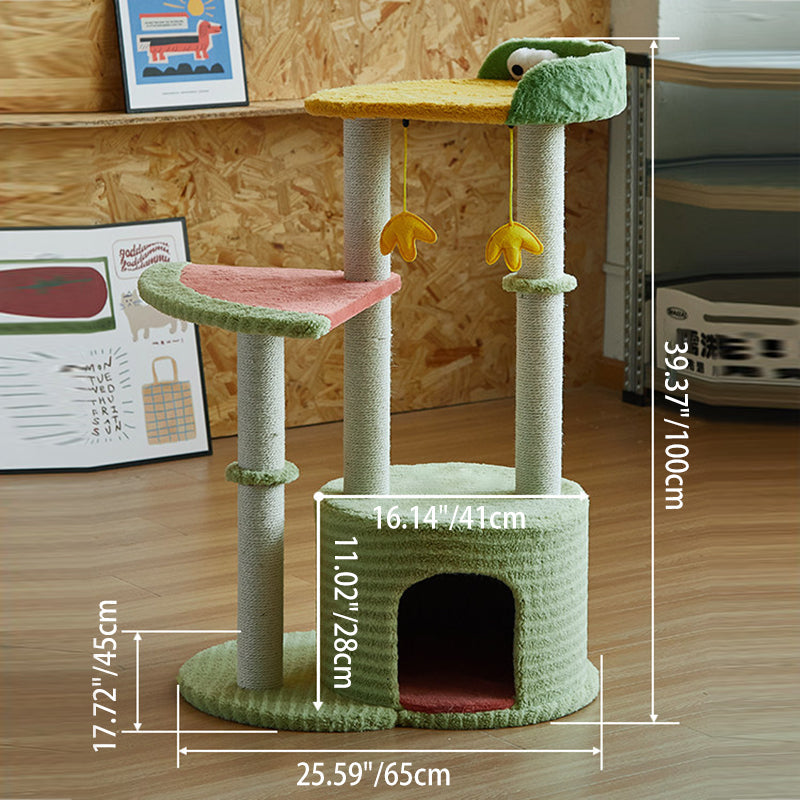 Contemporary Creative Round Particleboard Velvet Fabric Sisal Watermelon Cat Tree 3-Tier For Bedroom Cuvalon