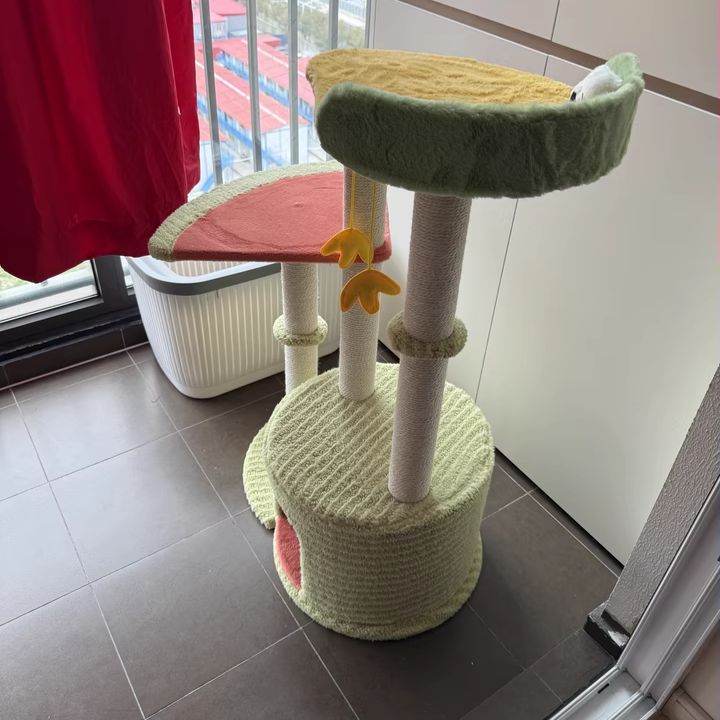 Contemporary Creative Round Particleboard Velvet Fabric Sisal Watermelon Cat Tree 3-Tier For Bedroom Cuvalon
