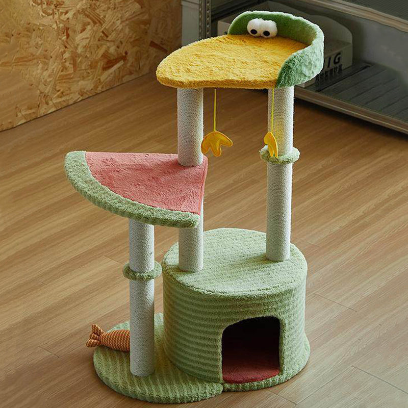 Contemporary Creative Round Particleboard Velvet Fabric Sisal Watermelon Cat Tree 3-Tier For Bedroom Cuvalon