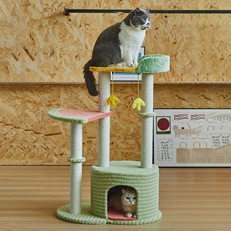 Contemporary Creative Round Particleboard Velvet Fabric Sisal Watermelon Cat Tree 3-Tier For Bedroom Cuvalon